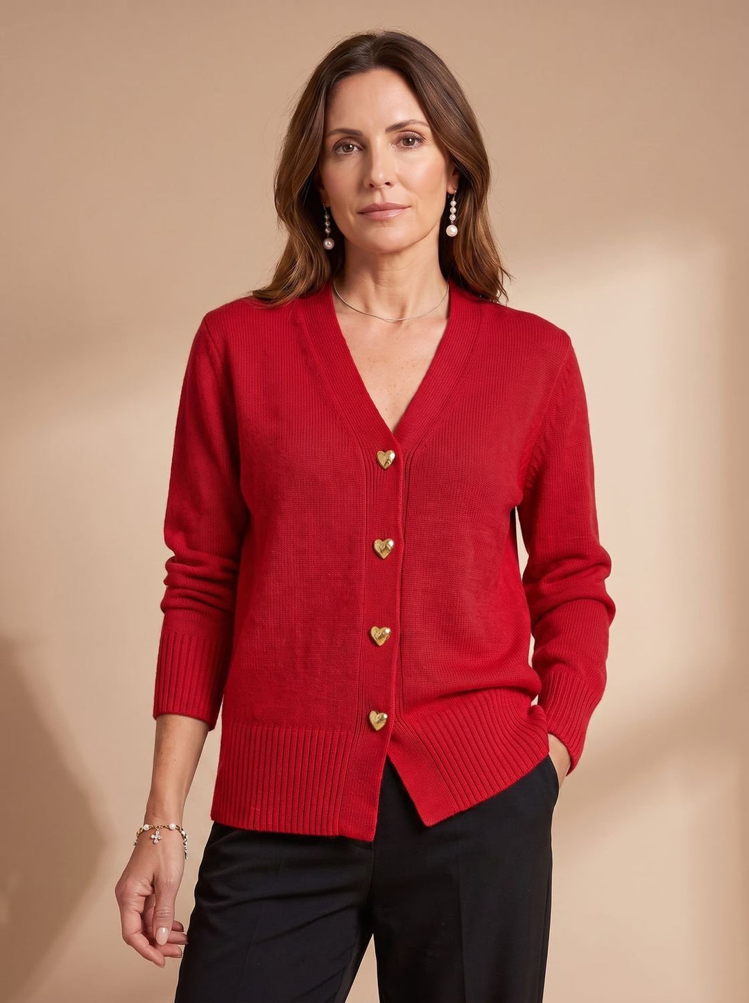 Damen Strickjacke V-Ausschnitt Langarm Cardigan Goldene Herz-Knöpfe - Rot