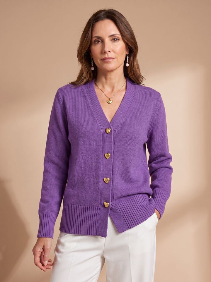 Damen Strickjacke V-Ausschnitt Langarm Cardigan Goldene Herz-Knöpfe - Lila