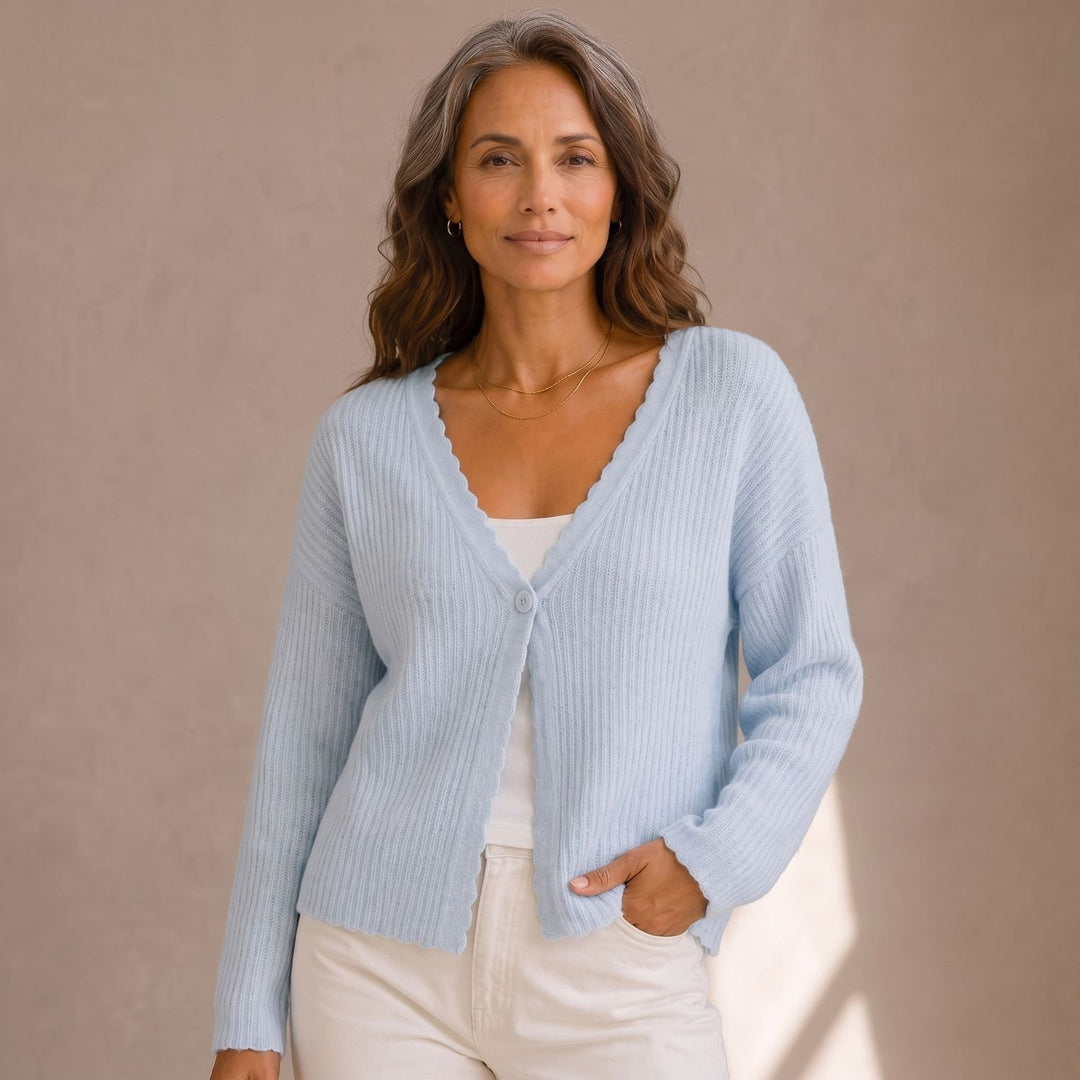 Damen Strickjacke V-Ausschnitt Wellenrand Einknopf Cropped - Blau