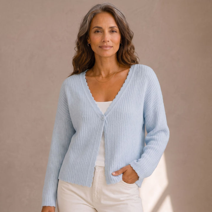 Damen Strickjacke V-Ausschnitt Wellenrand Einknopf Cropped - Blau