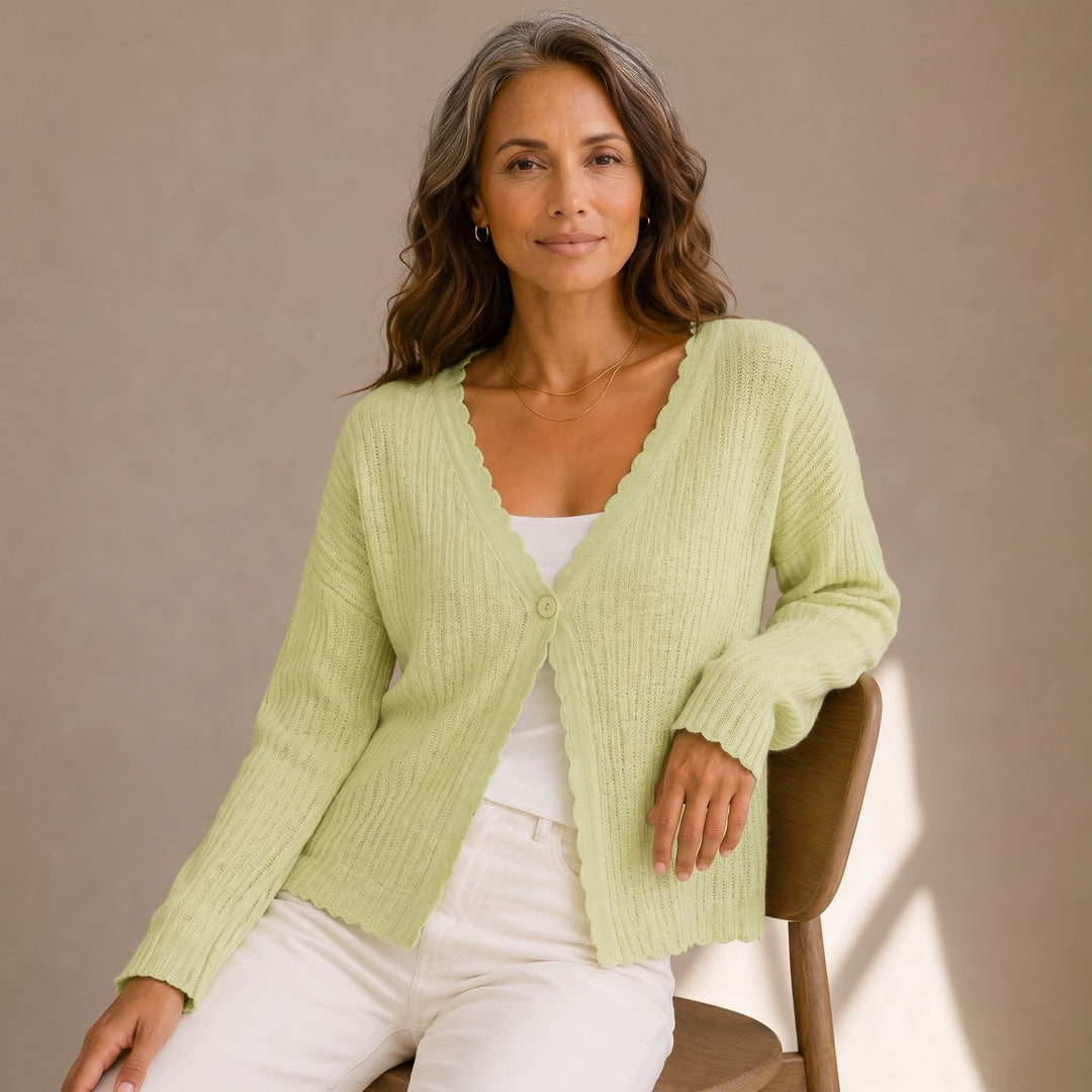 Damen Strickjacke V-Ausschnitt Wellenrand Einknopf Cropped - Grün