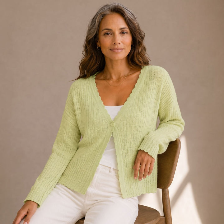 Damen Strickjacke V-Ausschnitt Wellenrand Einknopf Cropped - Grün