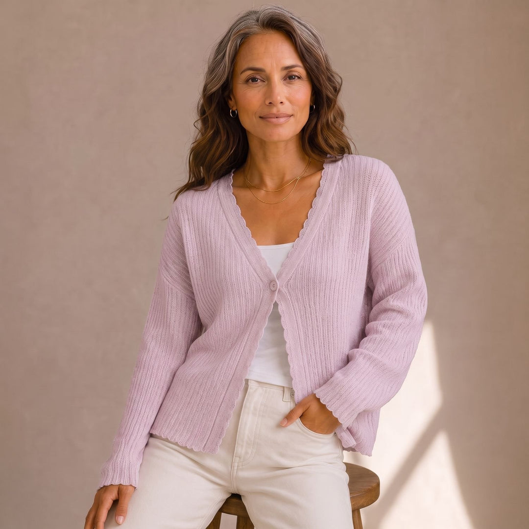 Damen Strickjacke V-Ausschnitt Wellenrand Einknopf Cropped - Rosa
