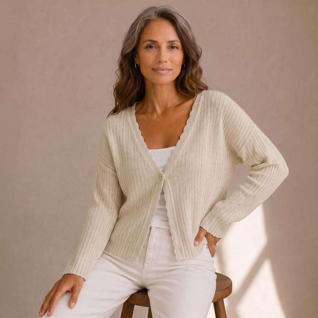 Damen Strickjacke V-Ausschnitt Wellenrand Einknopf Cropped - Beige