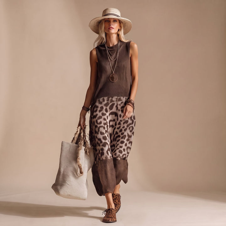 Damen Strickkleid Leopardenmuster Ärmelloses Midi-Kleid