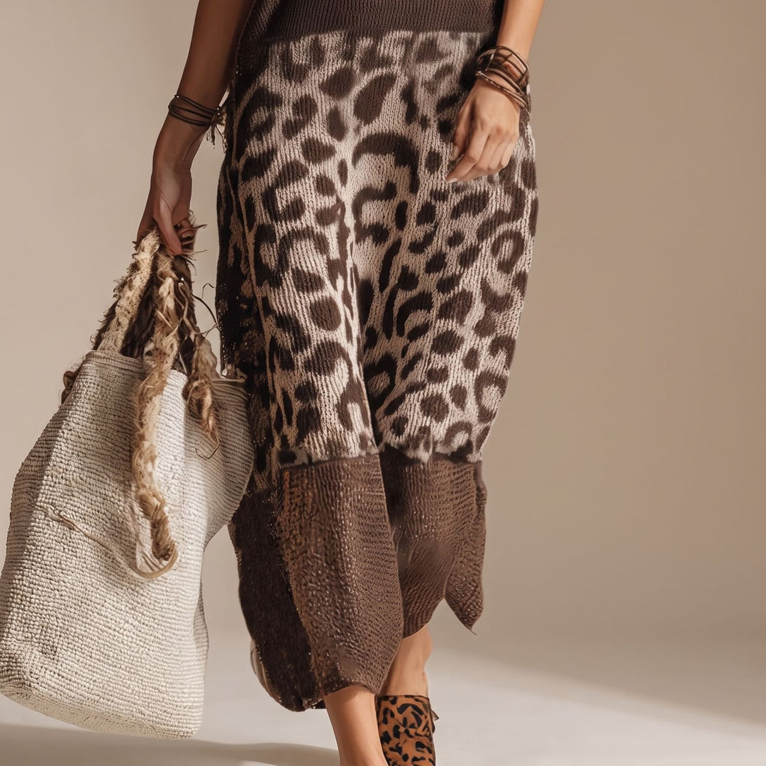 Damen Strickkleid Leopardenmuster Ärmelloses Midi-Kleid