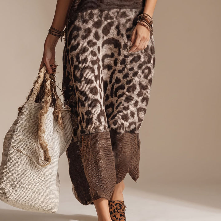 Damen Strickkleid Leopardenmuster Ärmelloses Midi-Kleid