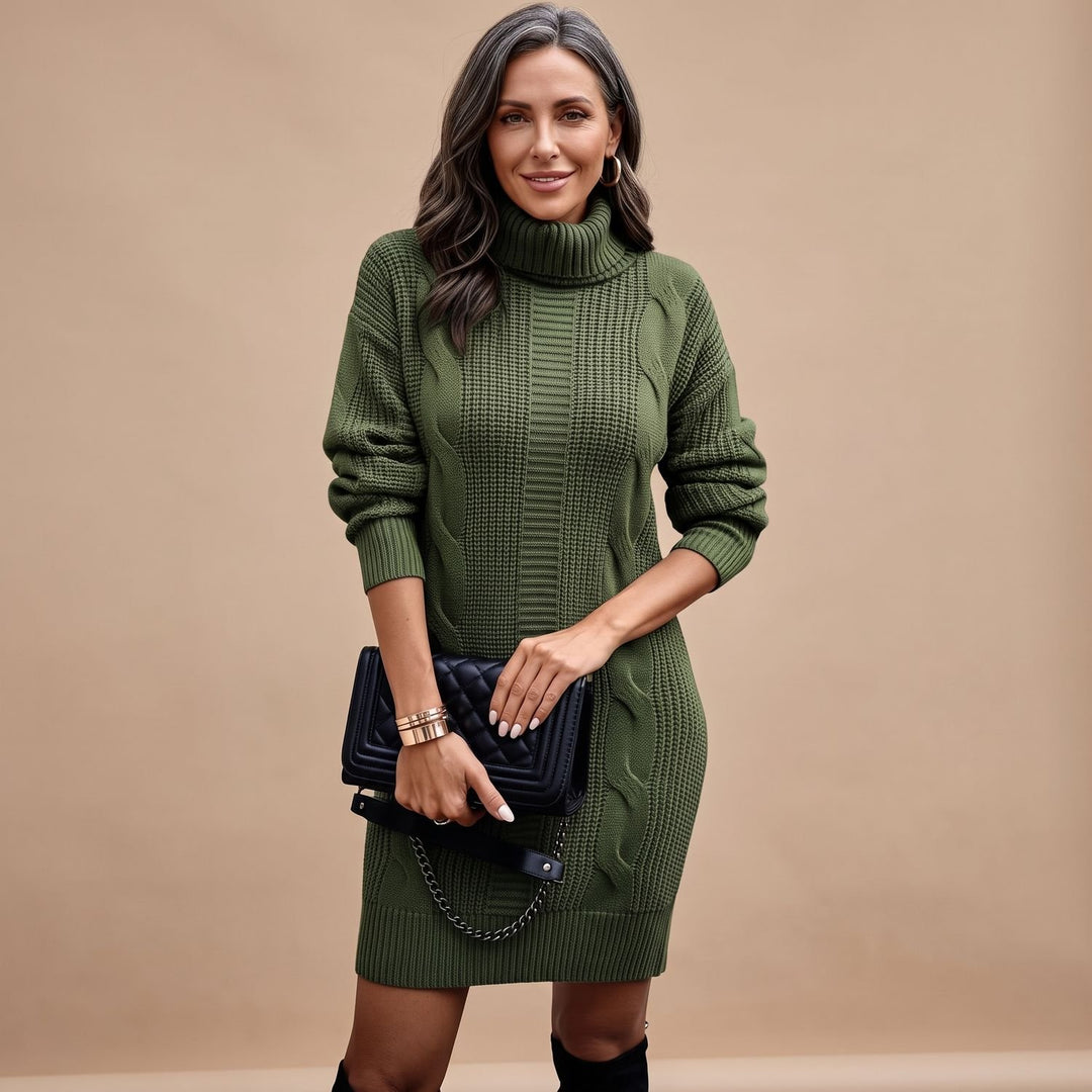 Damen Strickkleid mit Rollkragen Langarm Midi - Grün