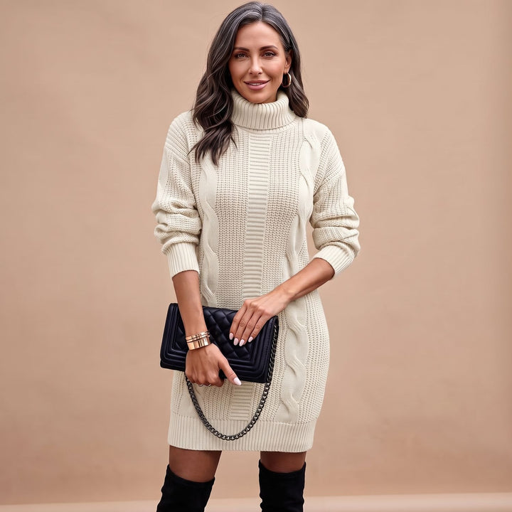 Damen Strickkleid mit Rollkragen Langarm Midi