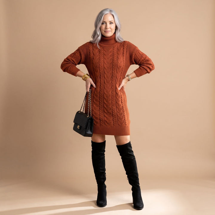 Damen Strickkleid mit Rollkragen Langarm Midi - Braun