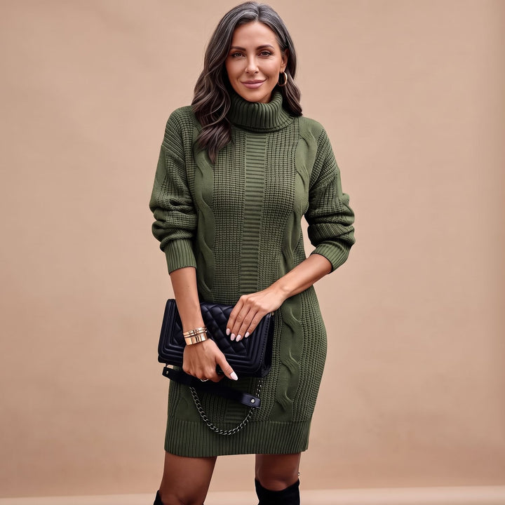 Damen Strickkleid mit Rollkragen Langarm Midi - Dunkelgrün
