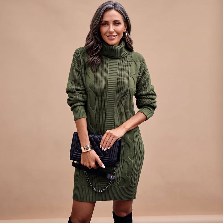 Damen Strickkleid mit Rollkragen Langarm Midi
