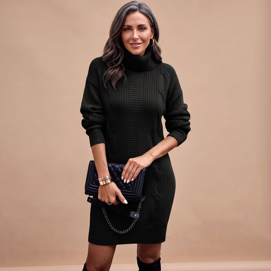 Damen Strickkleid mit Rollkragen Langarm Midi - Schwarz