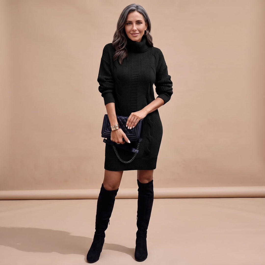 Damen Strickkleid mit Rollkragen Langarm Midi