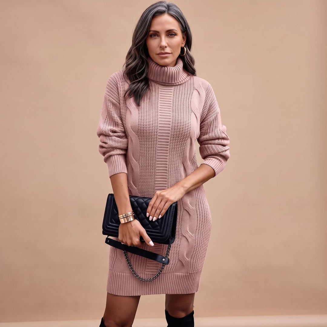 Damen Strickkleid mit Rollkragen Langarm Midi - Rosa