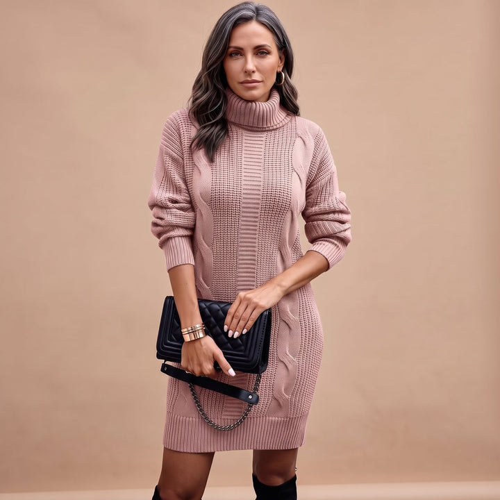 Damen Strickkleid mit Rollkragen Langarm Midi - Rosa