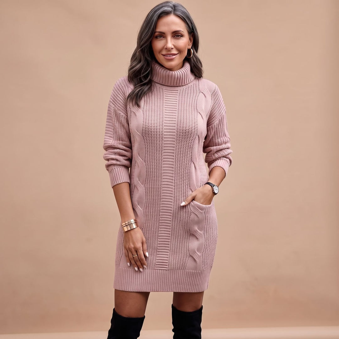 Damen Strickkleid mit Rollkragen Langarm Midi