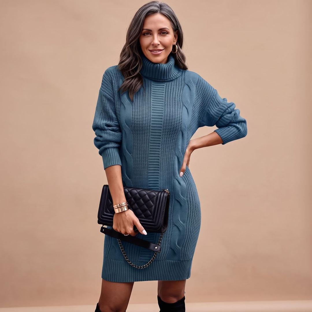 Damen Strickkleid mit Rollkragen Langarm Midi - Blau