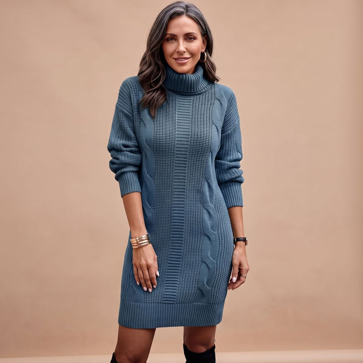 Damen Strickkleid mit Rollkragen Langarm Midi