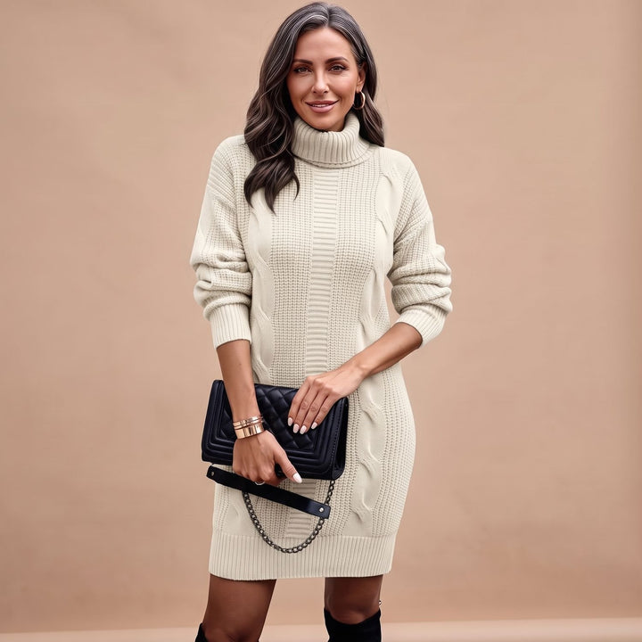 Damen Strickkleid mit Rollkragen Langarm Midi - Weiß