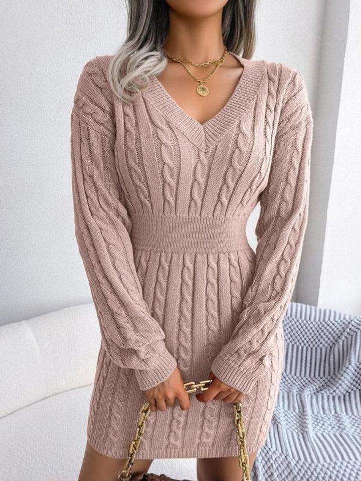 Damen Strickkleid V-Ausschnitt Langarm figurbetontes Formal Dress - Rosa