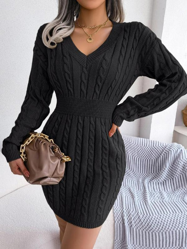 Damen Strickkleid V-Ausschnitt Langarm figurbetontes Formal Dress - Schwarz