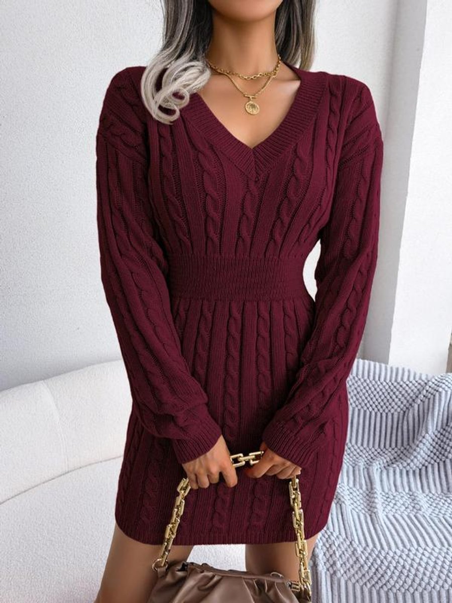Damen Strickkleid V-Ausschnitt Langarm figurbetontes Formal Dress - Burgunderrot