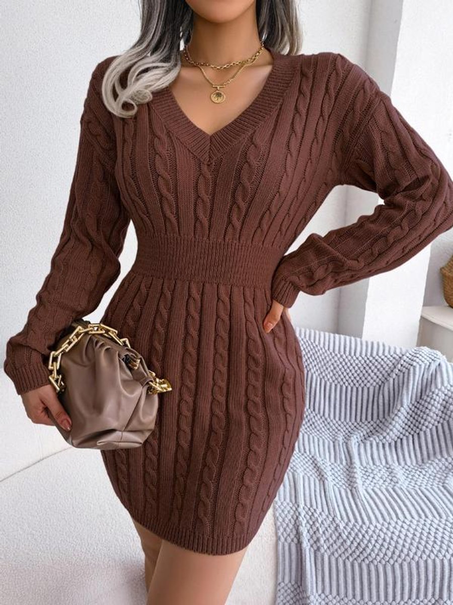 Damen Strickkleid V-Ausschnitt Langarm figurbetontes Formal Dress - Kaffeebraun