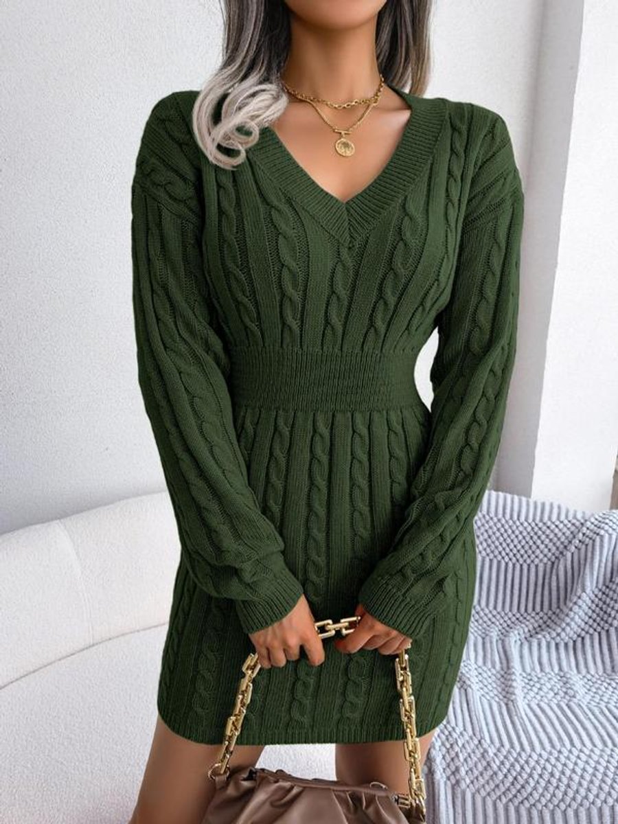 Damen Strickkleid V-Ausschnitt Langarm figurbetontes Formal Dress - Armeegrün