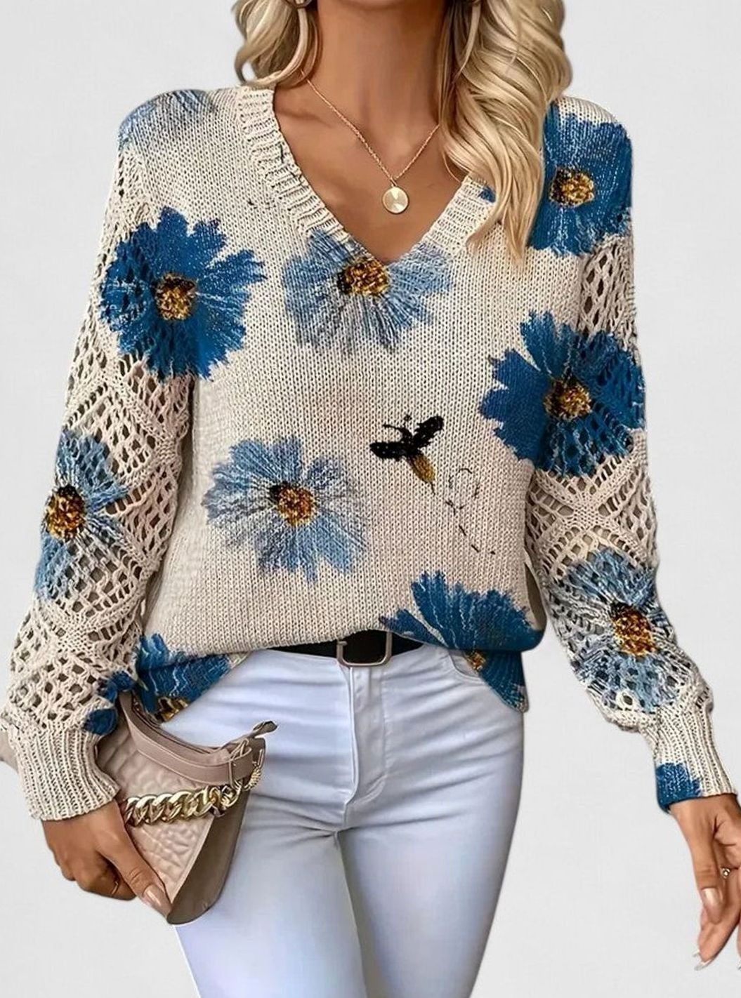 Damen Strickpullover Florales Muster V-Ausschnitt Durchbrochene Ärmel - Blau