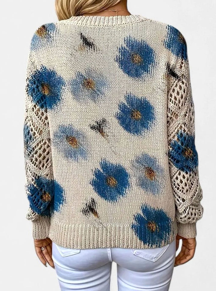 Damen Strickpullover Florales Muster V-Ausschnitt Durchbrochene Ärmel