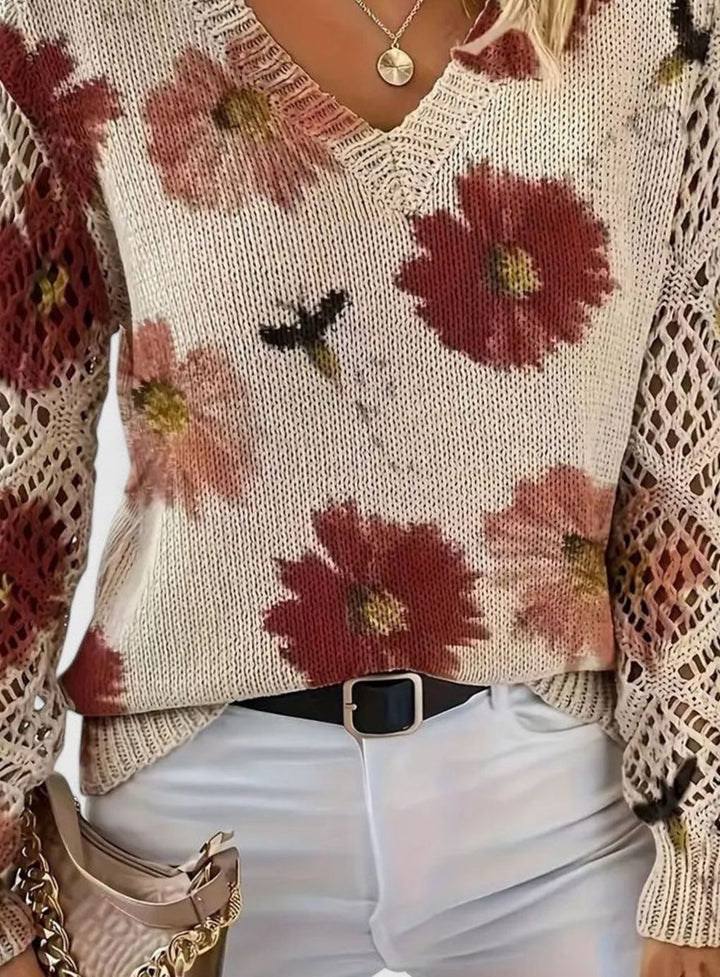 Damen Strickpullover Florales Muster V-Ausschnitt Durchbrochene Ärmel