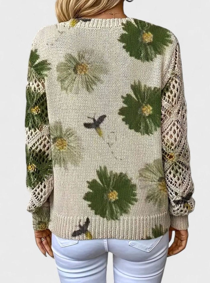 Damen Strickpullover Florales Muster V-Ausschnitt Durchbrochene Ärmel