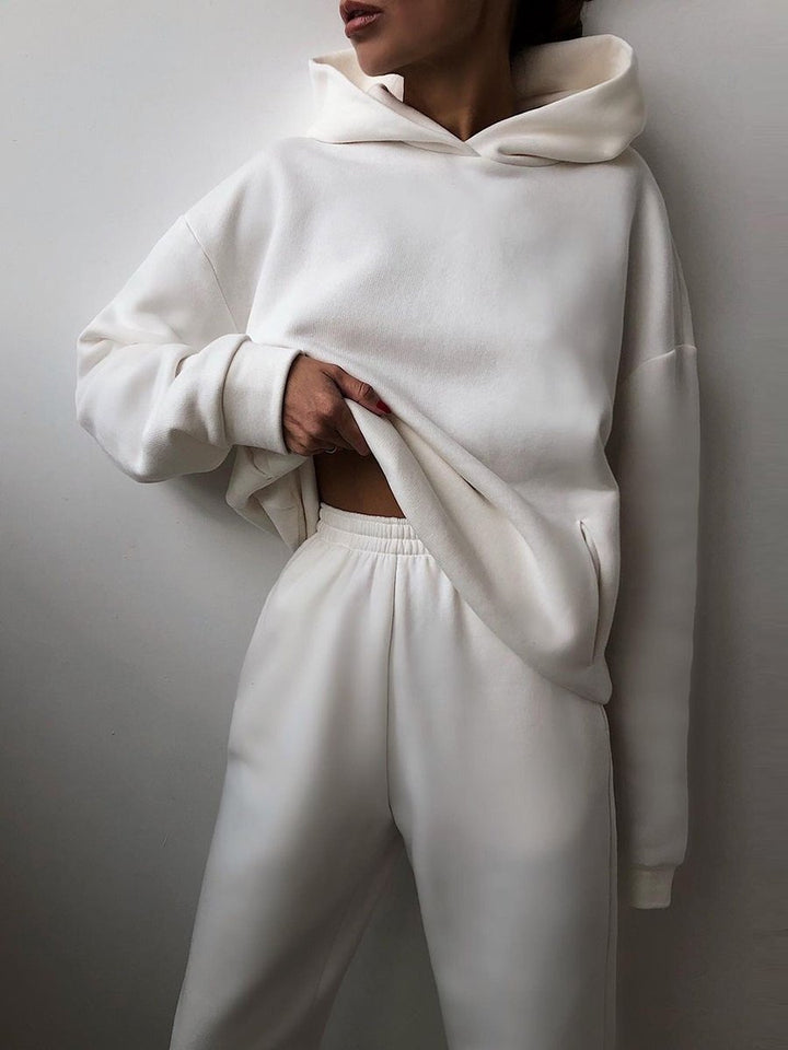 Damen Strickpullover Hoodie Jogginghose Zweiteiler Loungewear Set - Weiß