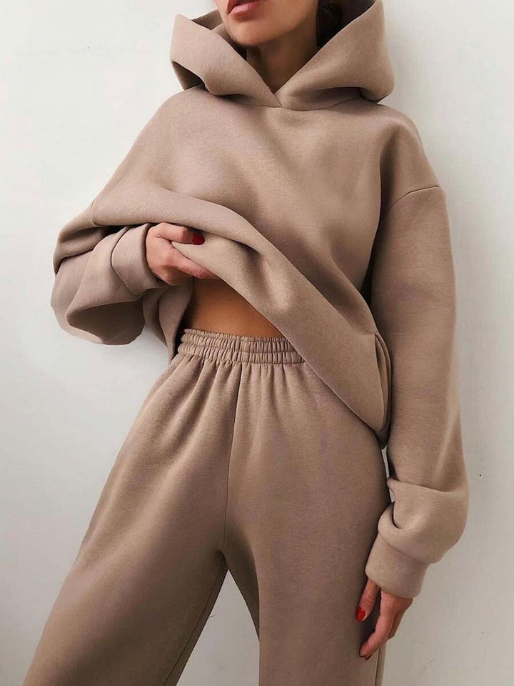 Damen Strickpullover Hoodie Jogginghose Zweiteiler Loungewear Set - Braun