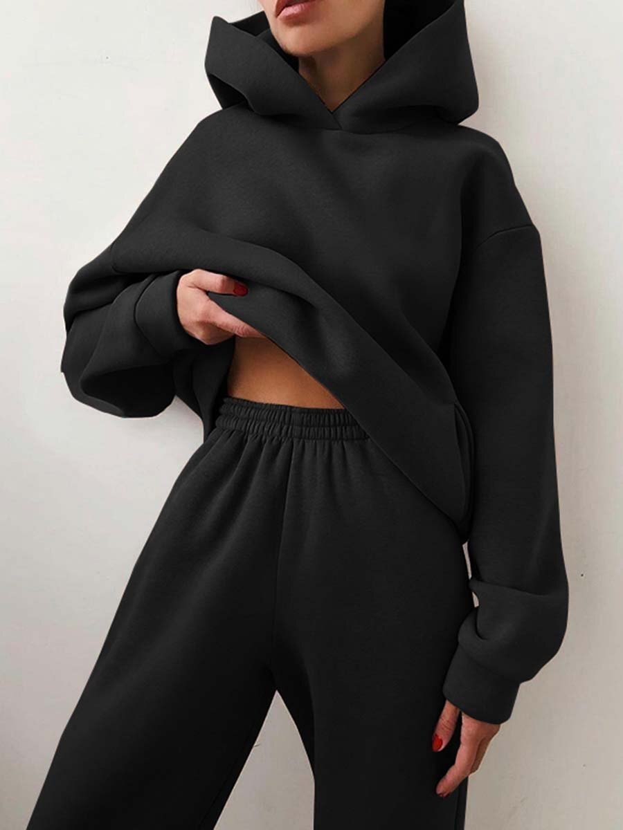 Damen Strickpullover Hoodie Jogginghose Zweiteiler Loungewear Set - Schwarz