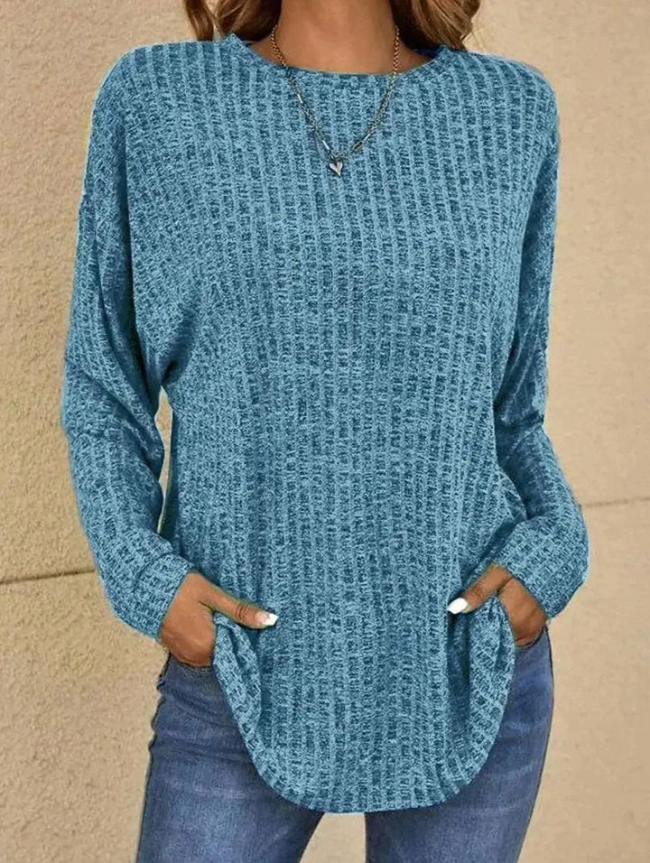 Damen Strickpullover Langarm Rundhals Waffle-Knit Oversized - Blau