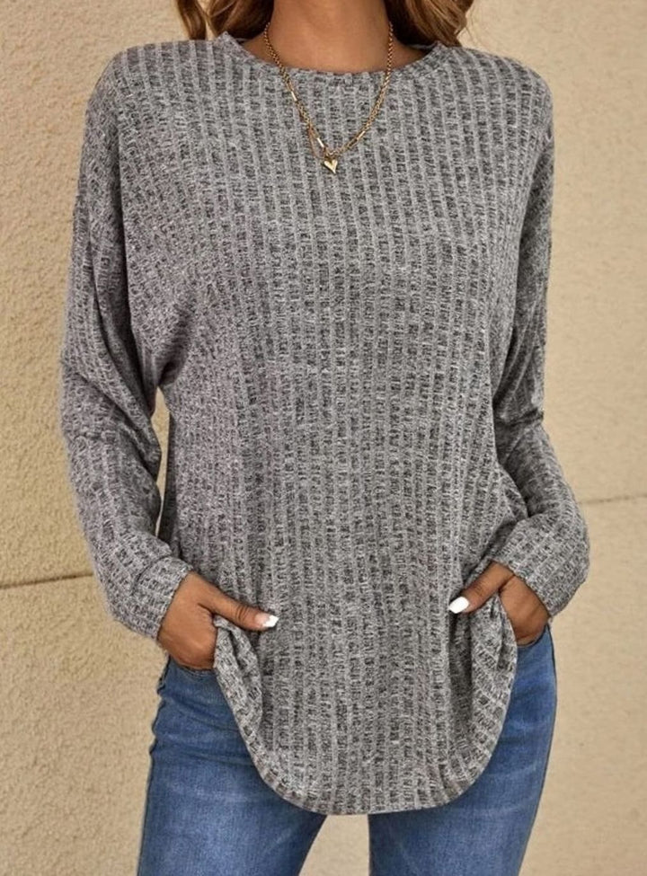 Damen Strickpullover Langarm Rundhals Waffle-Knit Oversized - Grau