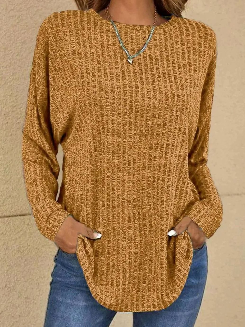 Damen Strickpullover Langarm Rundhals Waffle-Knit Oversized - Khaki