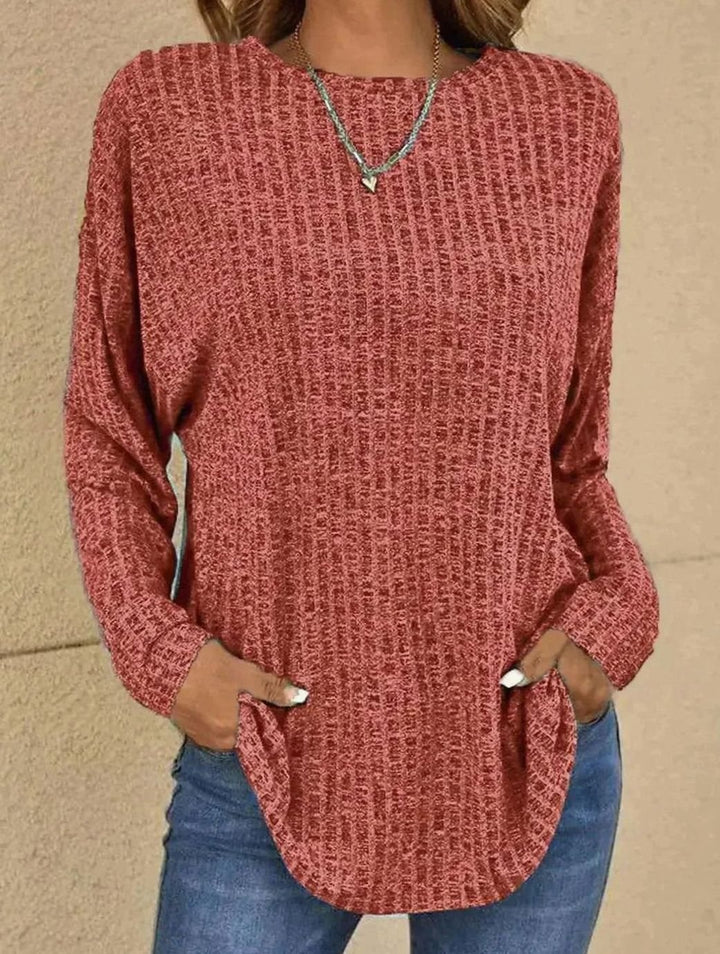 Damen Strickpullover Langarm Rundhals Waffle-Knit Oversized - Bordeaux