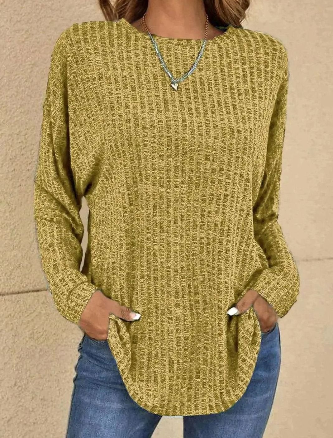 Damen Strickpullover Langarm Rundhals Waffle-Knit Oversized - Gold