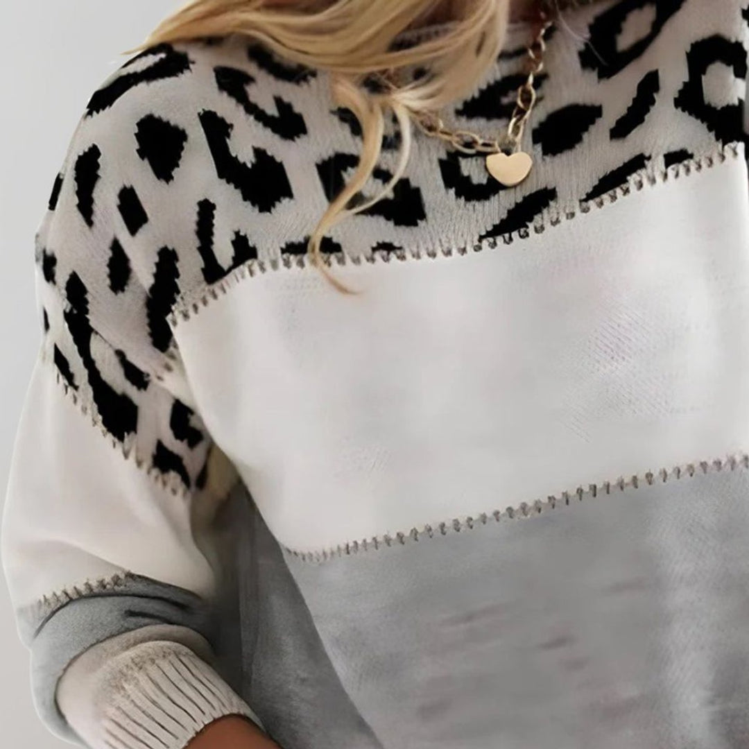 Damen Strickpullover mit Leopardenmuster Colorblock Rundhals