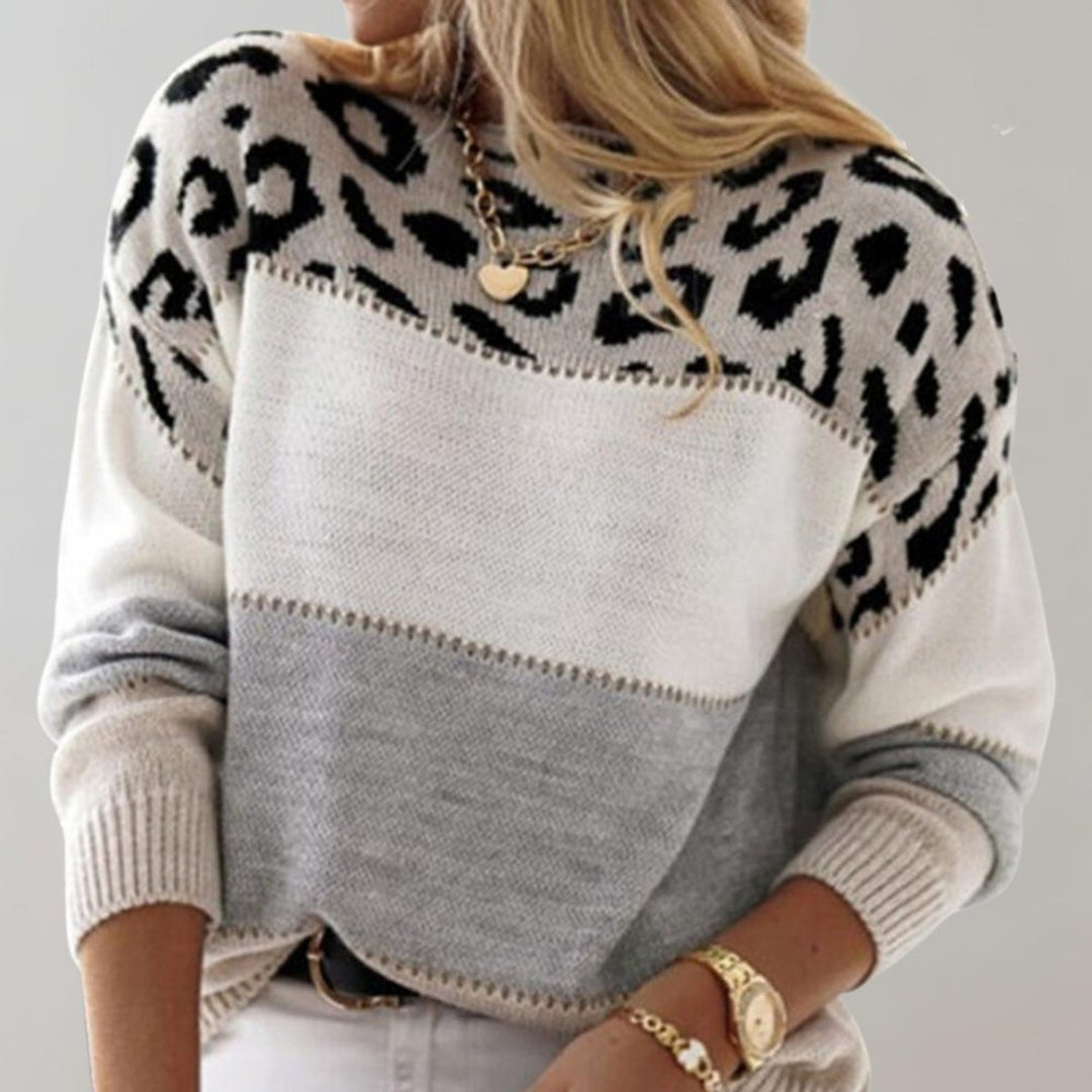 Damen Strickpullover mit Leopardenmuster Colorblock Rundhals