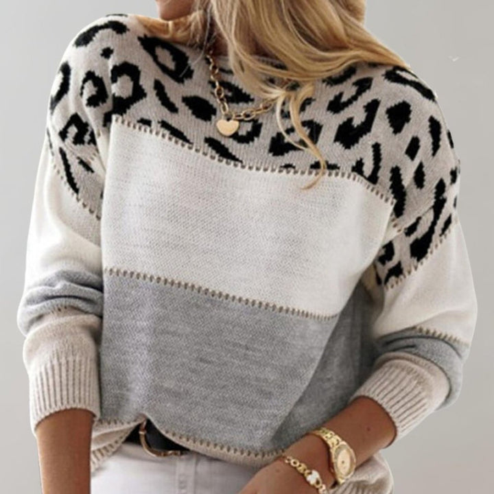 Damen Strickpullover mit Leopardenmuster Colorblock Rundhals