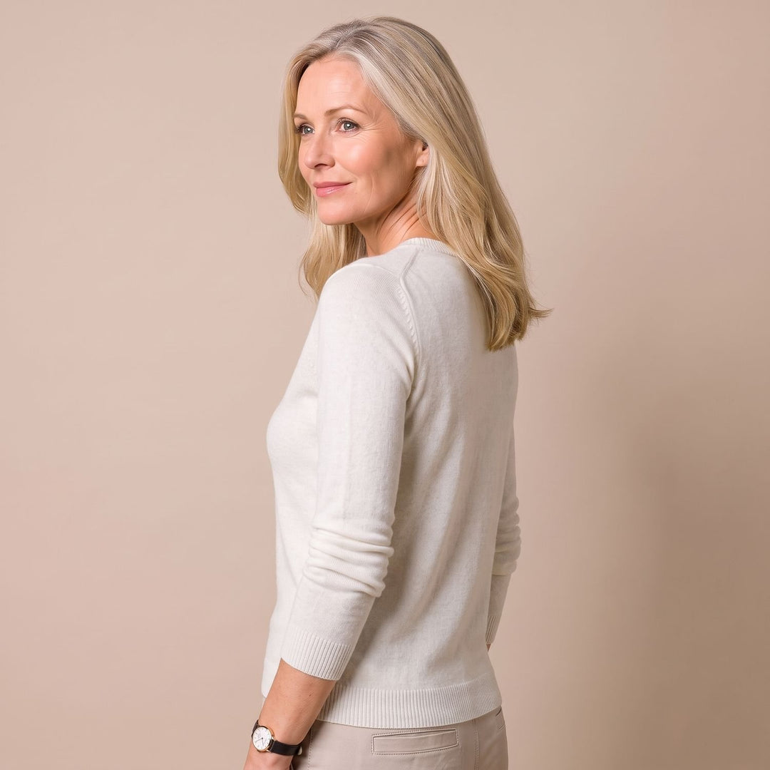 Damen Strickpullover mit Rundhals Langarm weicher Wollmix - Weiß
