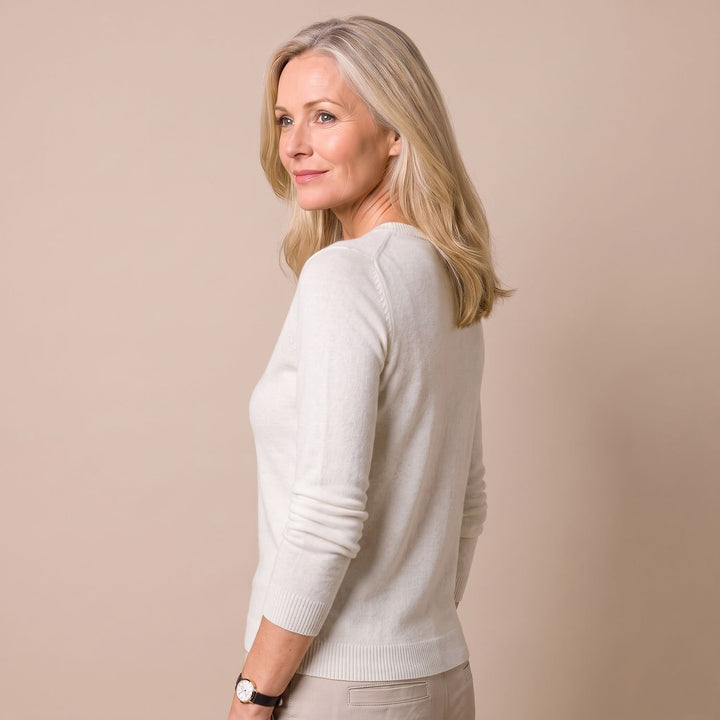 Damen Strickpullover mit Rundhals Langarm weicher Wollmix - Weiß