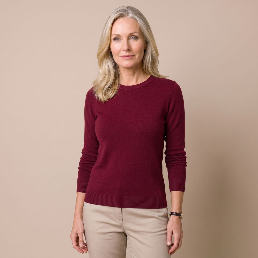 Damen Strickpullover mit Rundhals Langarm weicher Wollmix - Burgunderrot