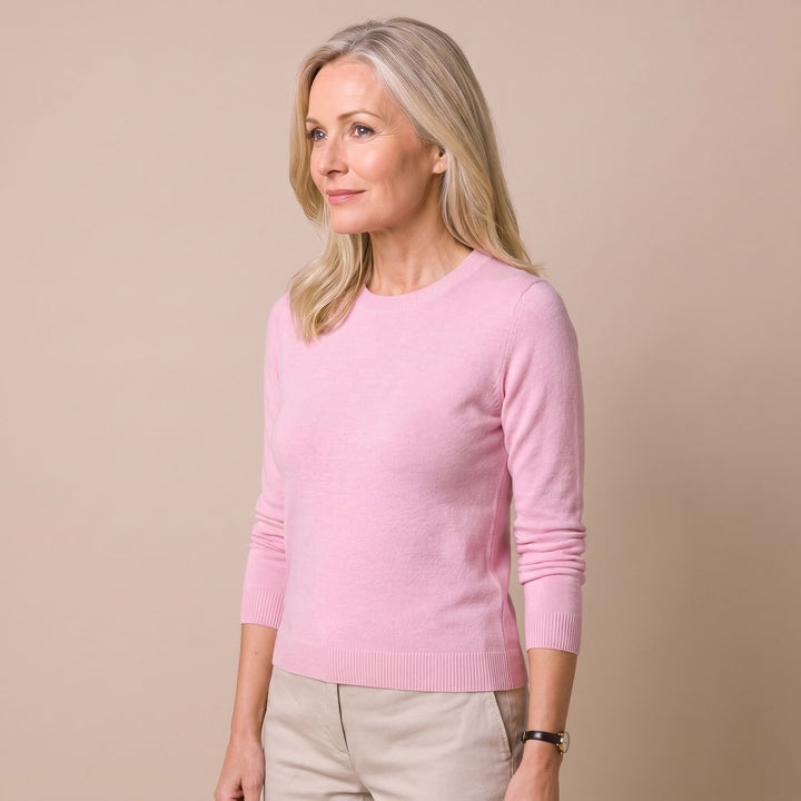 Damen Strickpullover mit Rundhals Langarm weicher Wollmix - Rosa