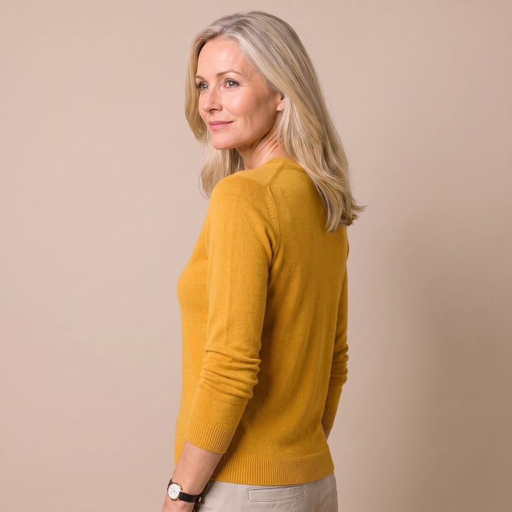Damen Strickpullover mit Rundhals Langarm weicher Wollmix - Senfgelb