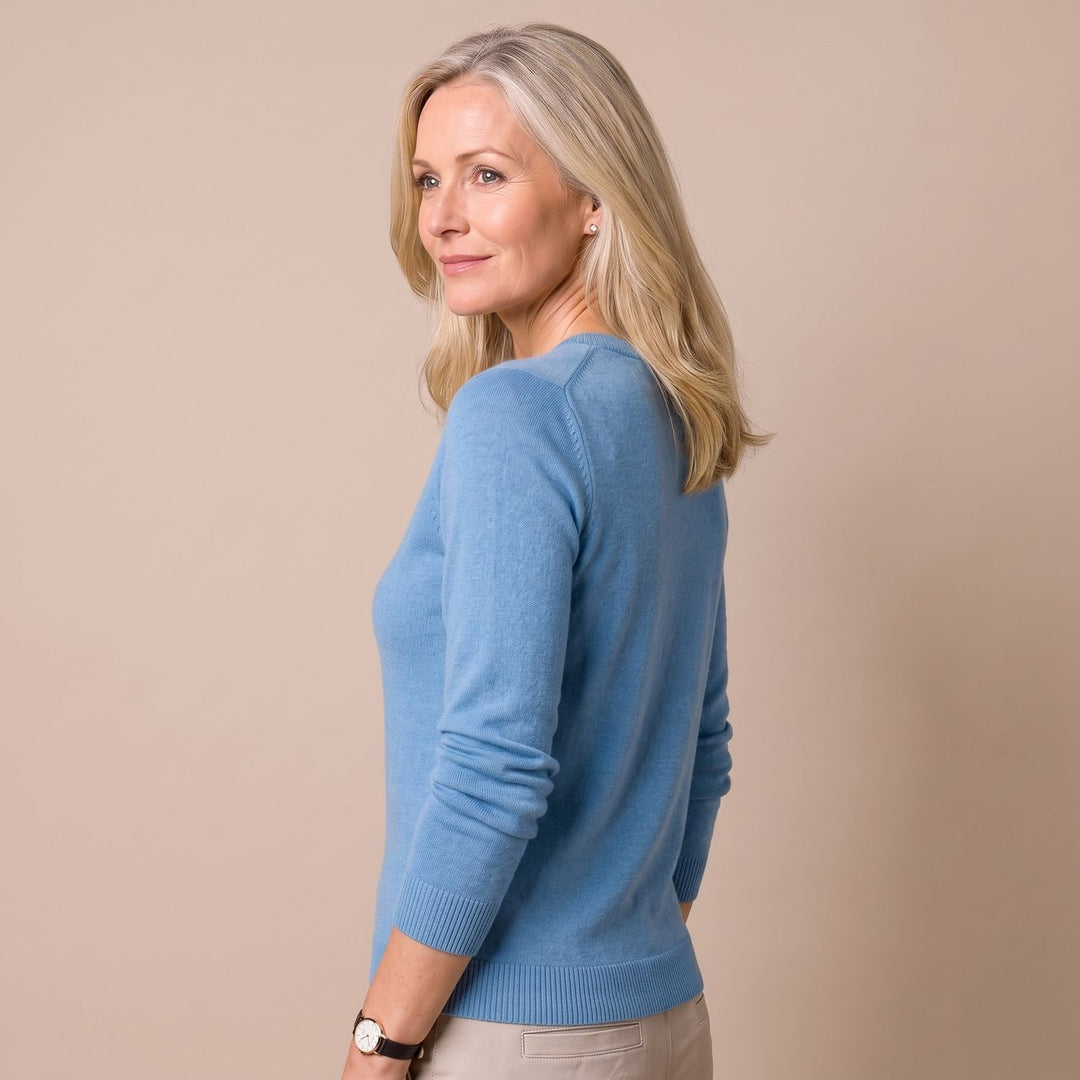 Damen Strickpullover mit Rundhals Langarm weicher Wollmix - Blau